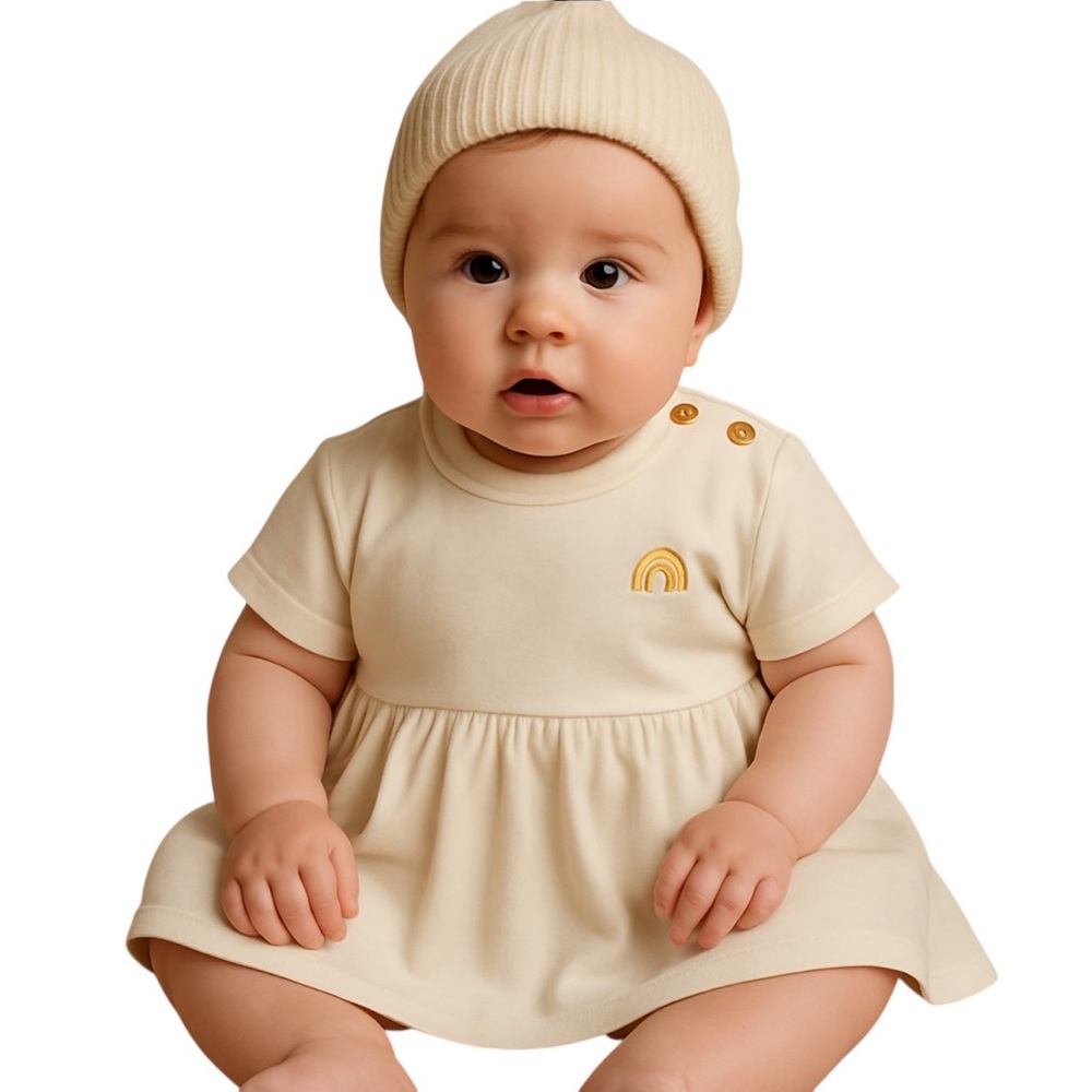 NWTS KUDAA DRESS, ORGANIC SHORT SLEEVE TWIRL- SUGAR COOKIE, SIZE 9-12 months